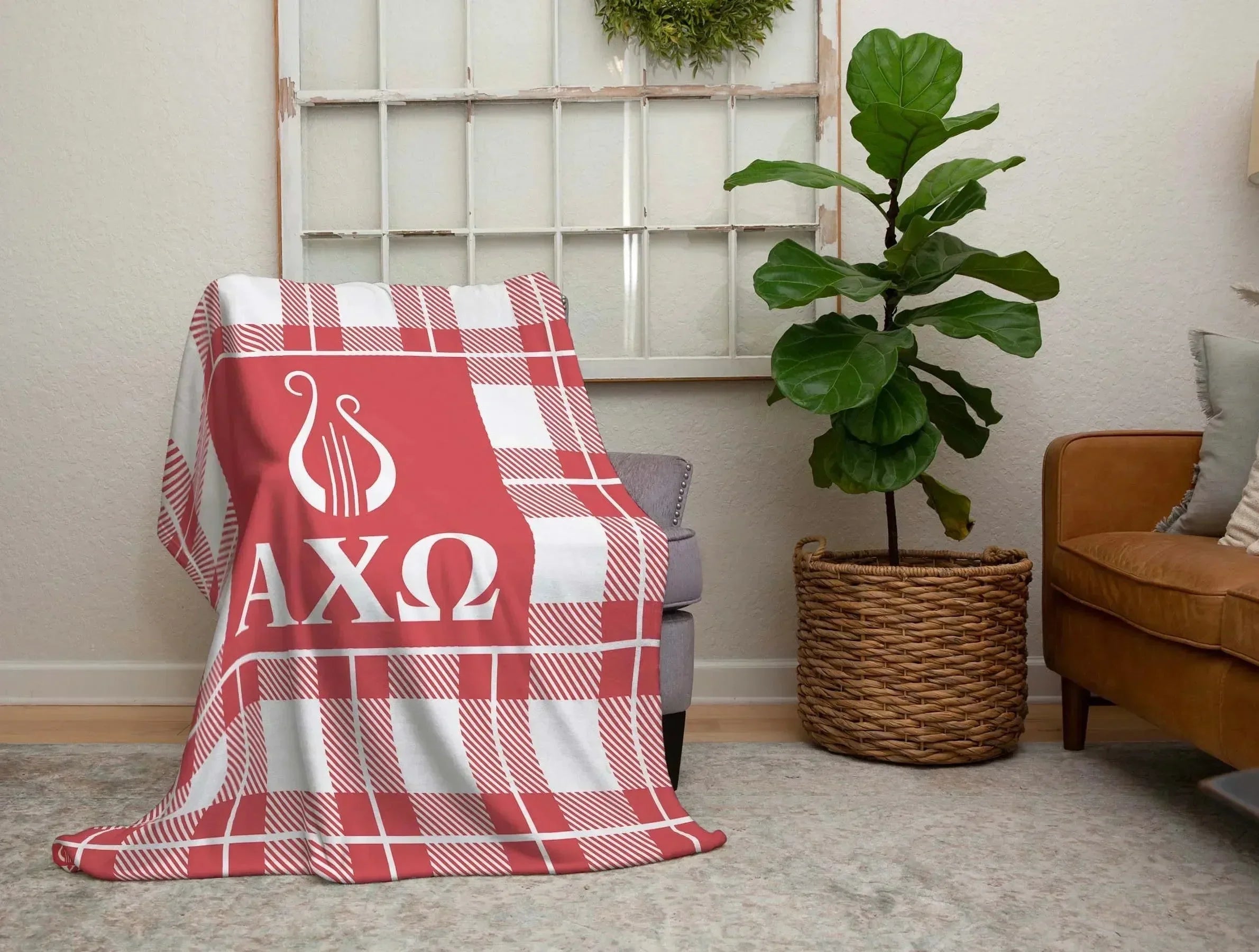 Alpha Chi Omega XL 60x80 Plaid Sherpa Throw Blanket