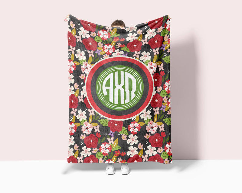 Alpha Chi Omega XL 60x80 Sherpa Blanket - Modern Floral Monogram