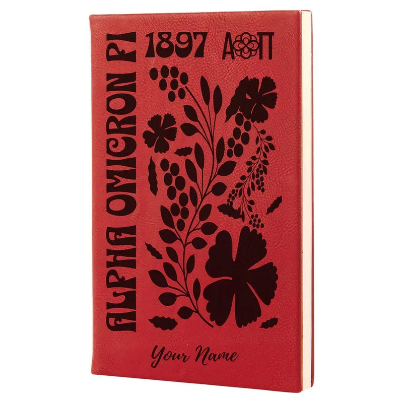 Alpha Omicron Pi Personalized Leatherette Notebook Journal - Retro Floral