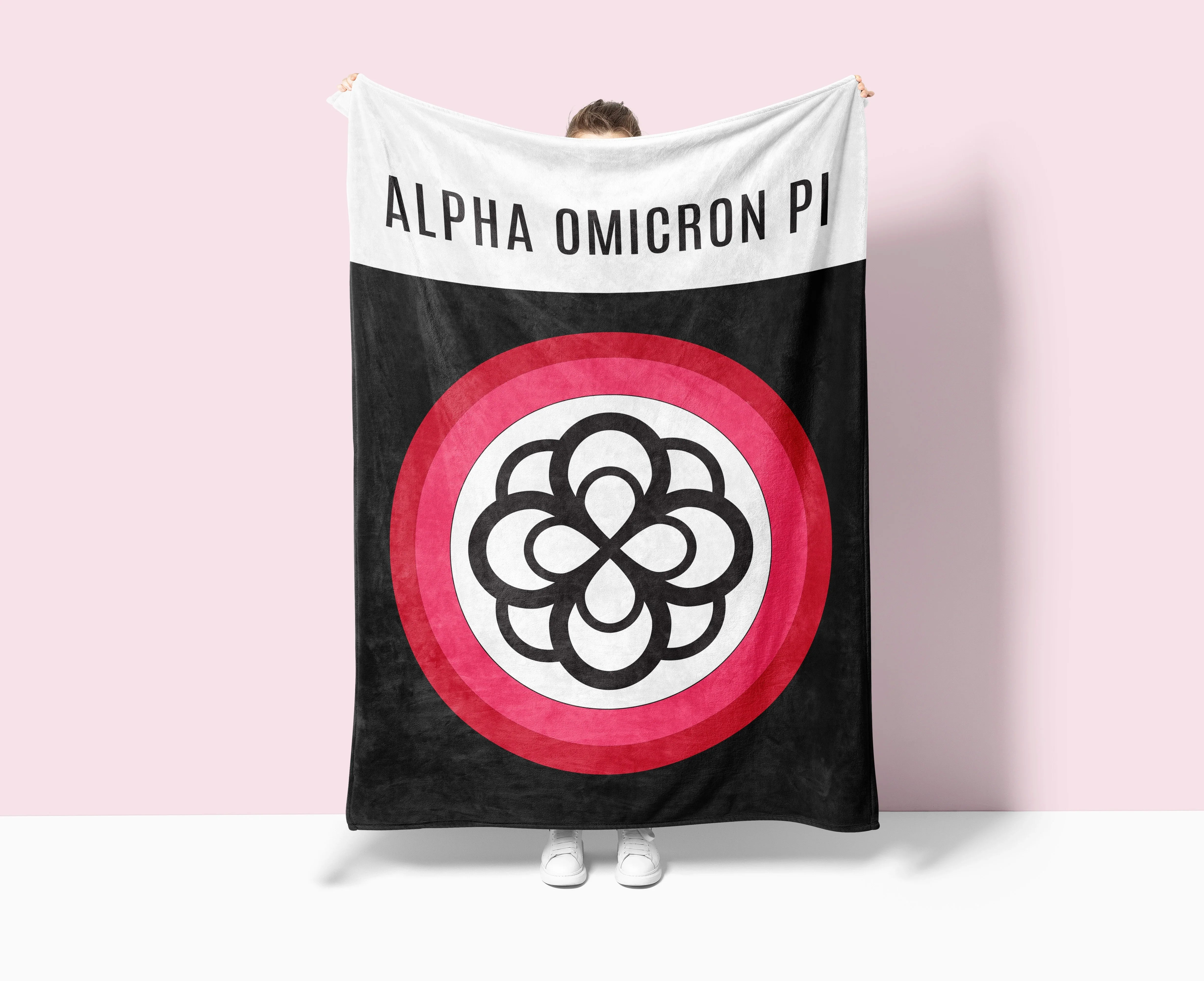 Alpha Omicron Pi XL 60x80 Sherpa Throw Blanket - Infinity Rose Wide Band
