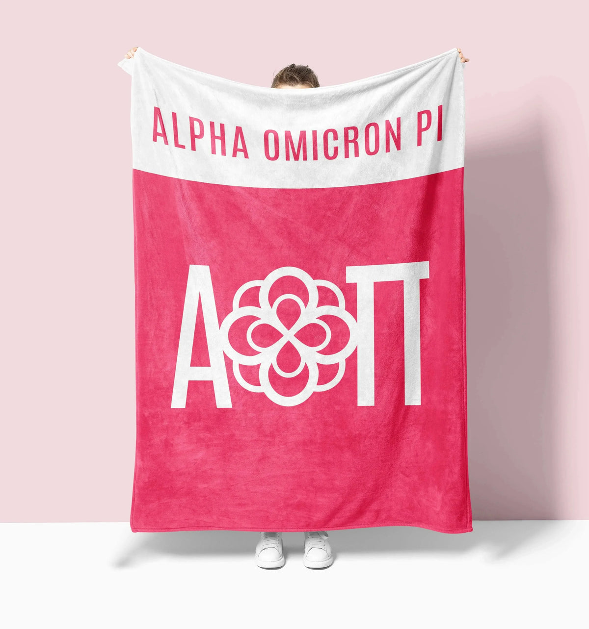 Alpha Omicron Pi XL 60x80 Sherpa Throw Blanket - Pink Wide Band