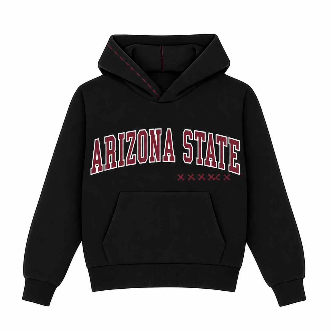 Black hoodie with 'Arizona State' text on a white background
