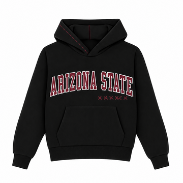 Black hoodie with 'Arizona State' text on a white background