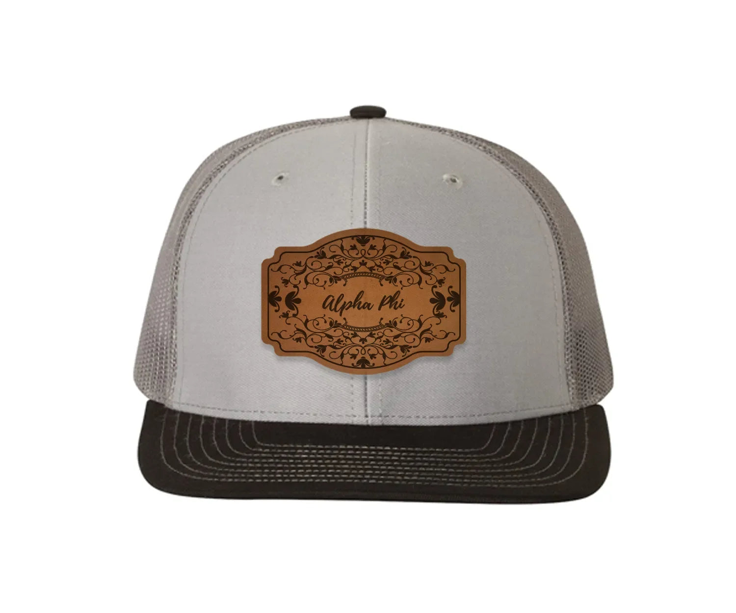 Alpha Phi Richardson 112 Leatherette Patch Trucker Hat - Scroll