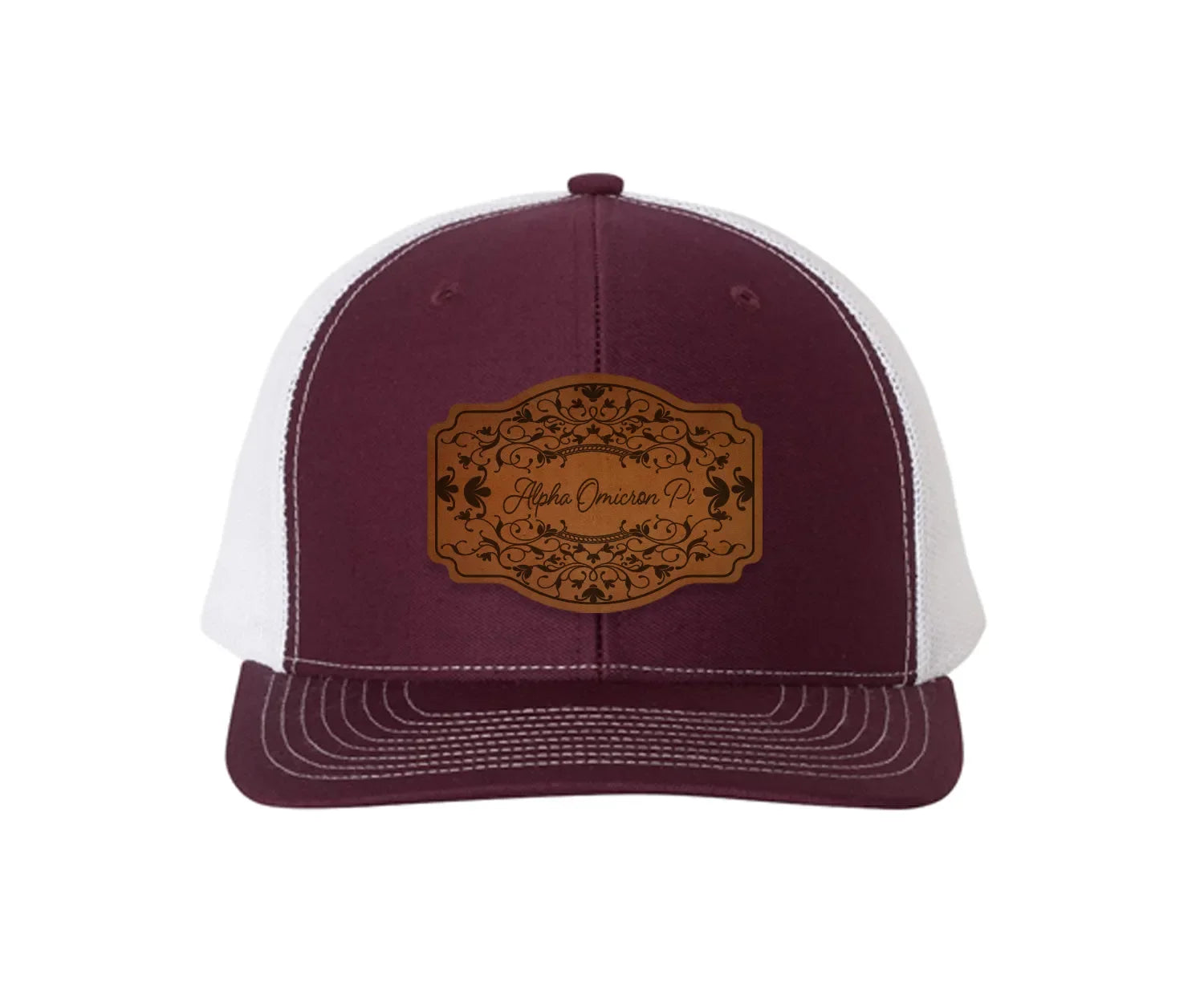 Alpha Omicron Pi Richardson 112 Leatherette Patch Trucker Hat - Scroll