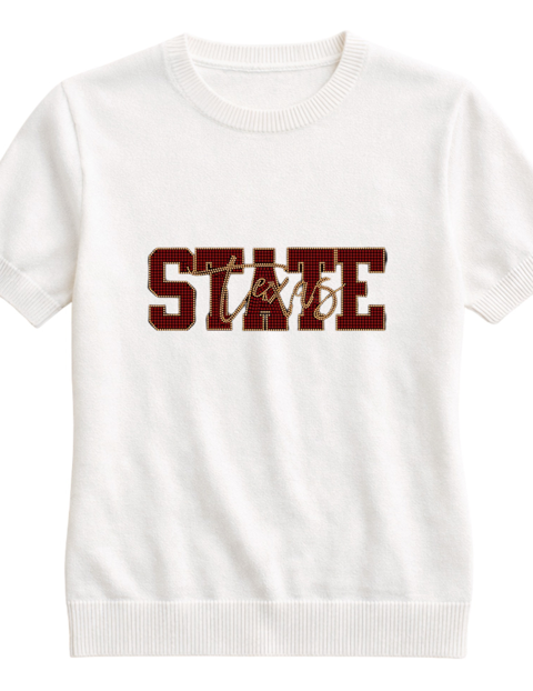 Texas State Script Ivory Short Sleeve Sweater