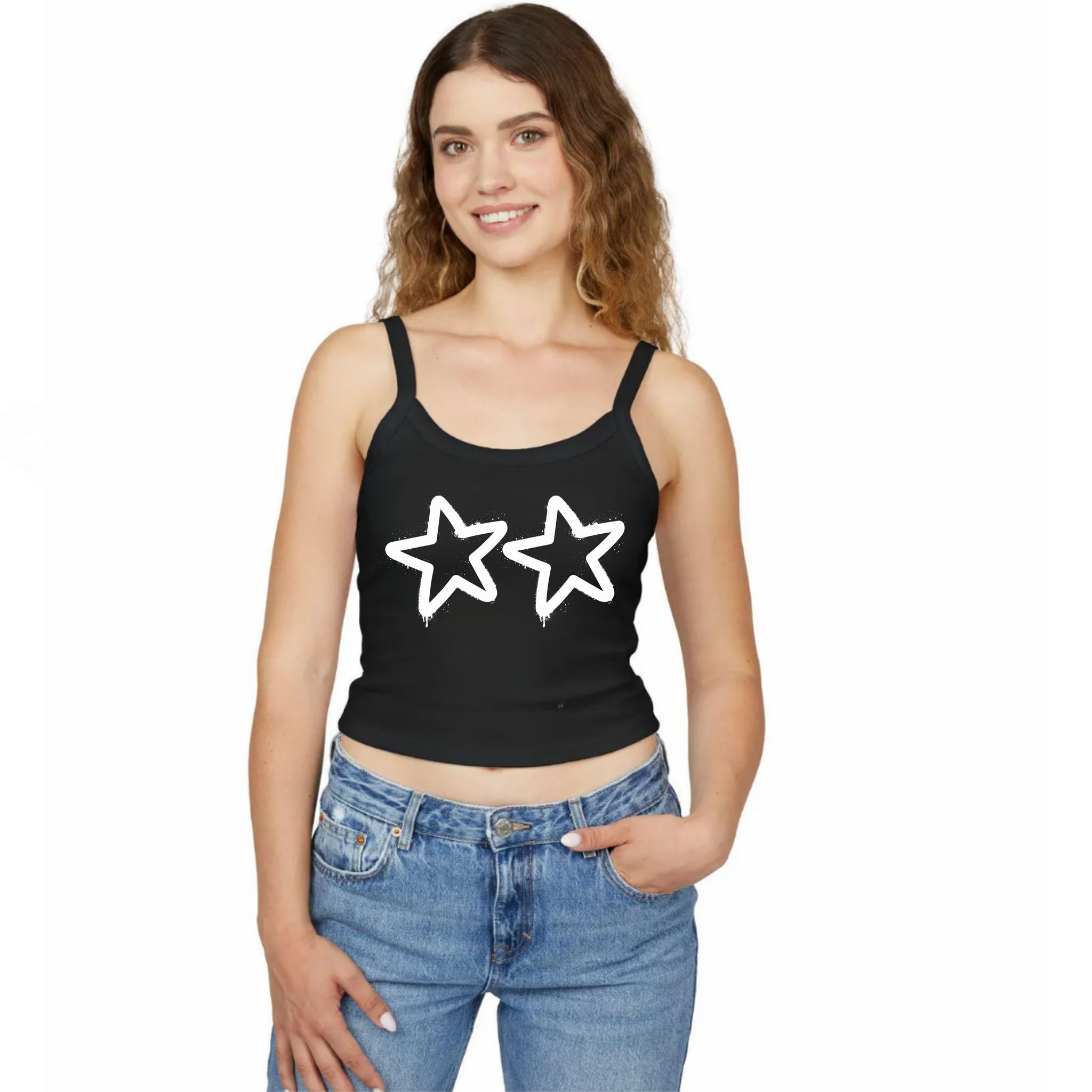 Customizable: 2 White Stars Graffiti Micro-Ribbed Cropped Tank