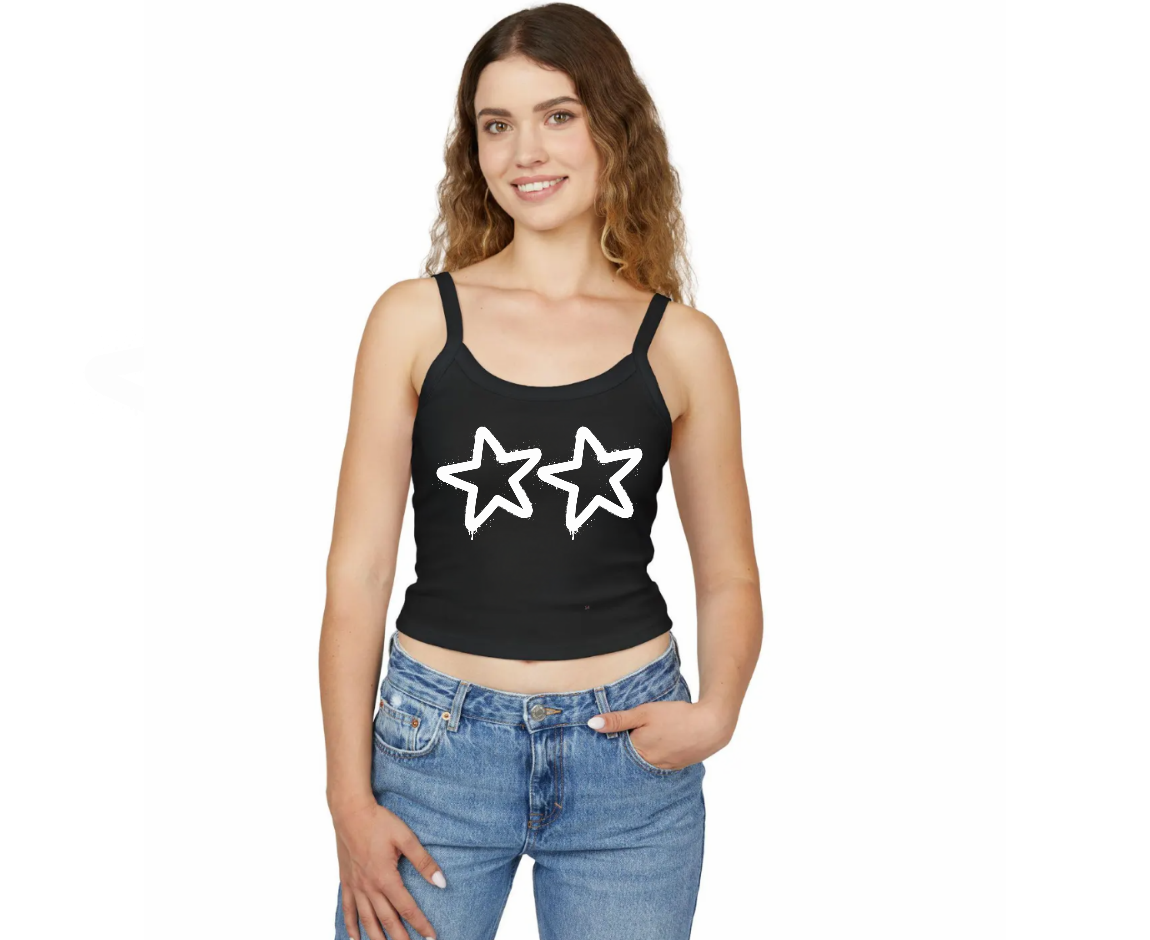 Customizable: 2 White Stars Graffiti Micro-Ribbed Cropped Tank
