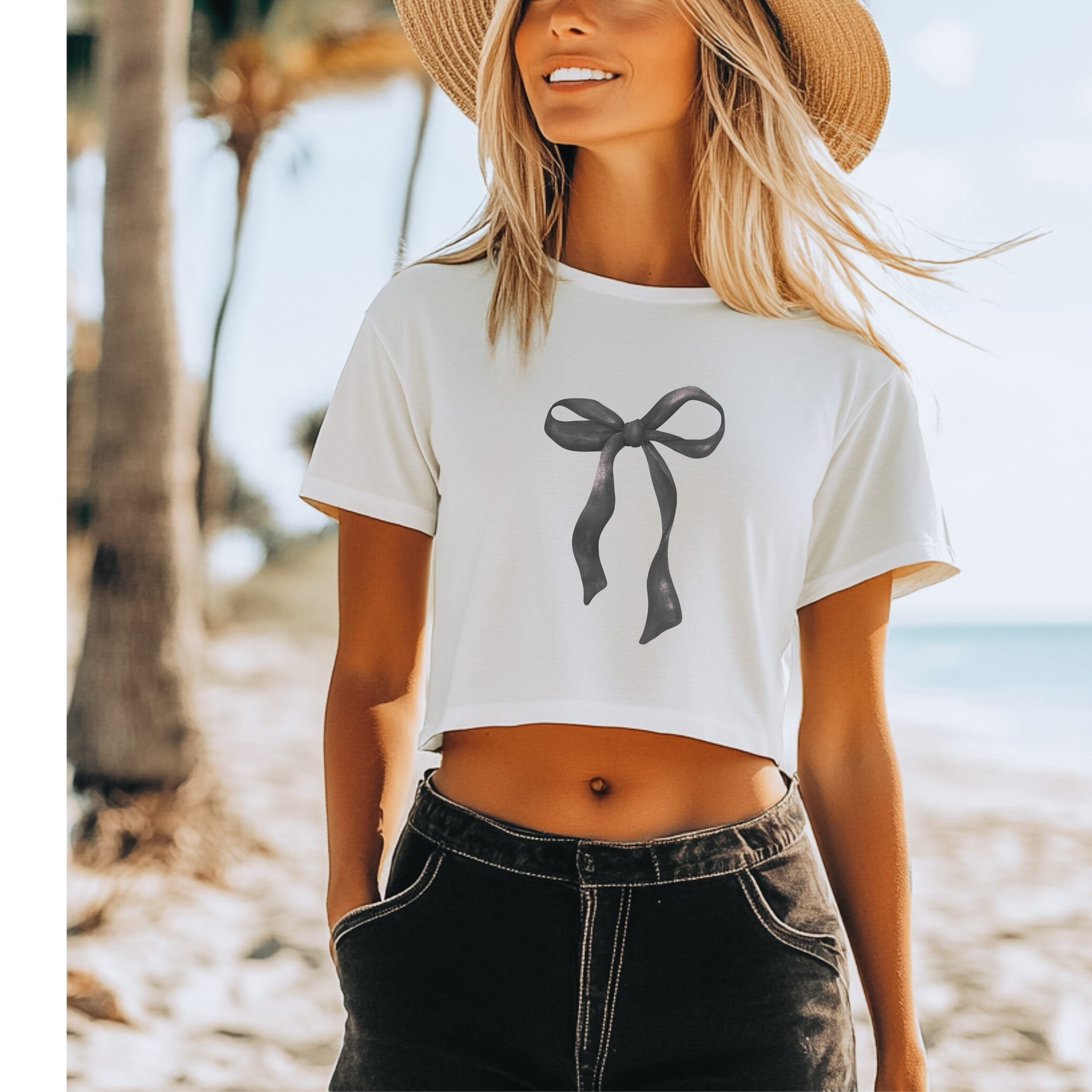 Customizable: Black Coquette Bow Flowy Cropped T-Shirt