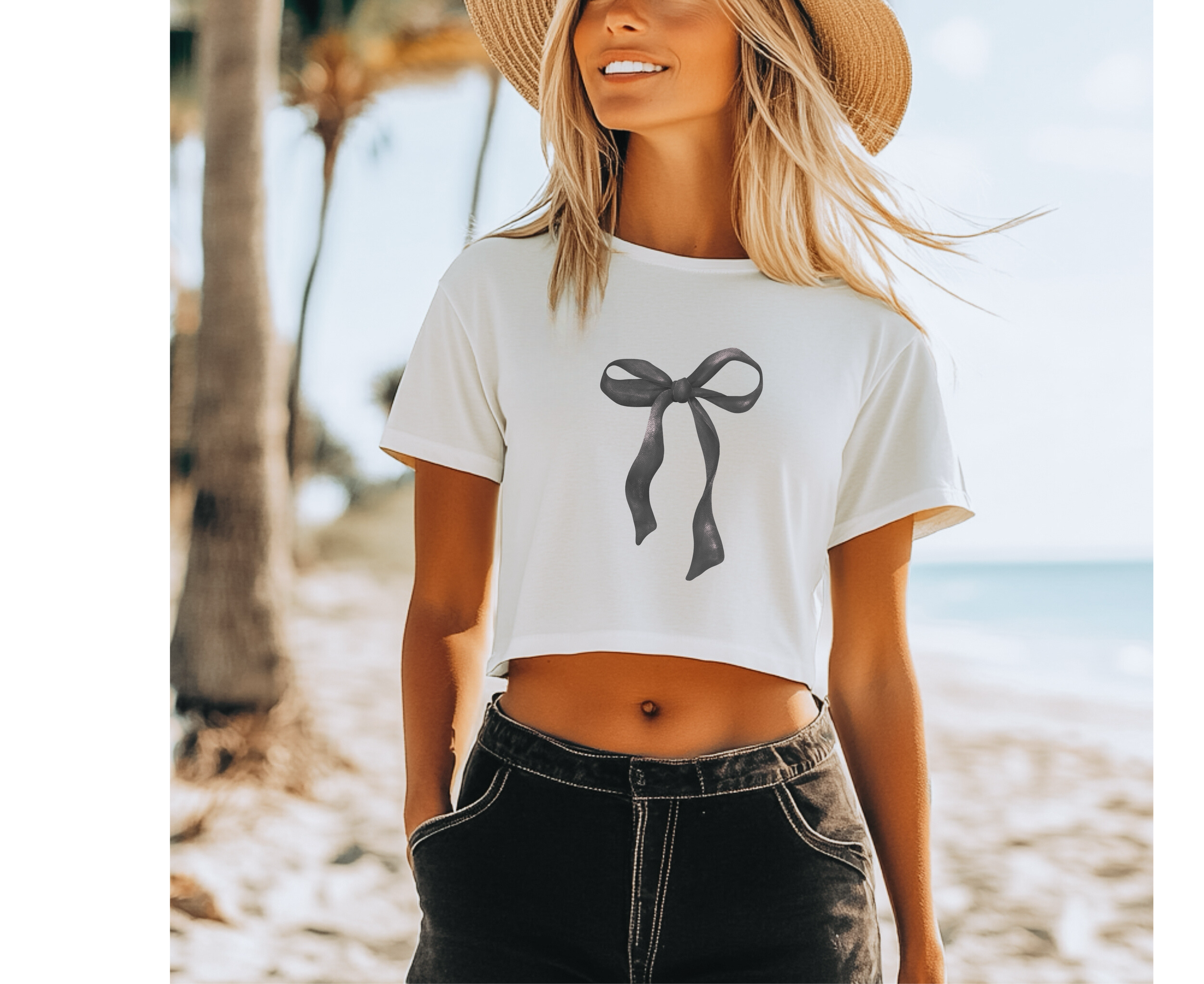 Customizable: Black Coquette Bow Flowy Cropped T-Shirt