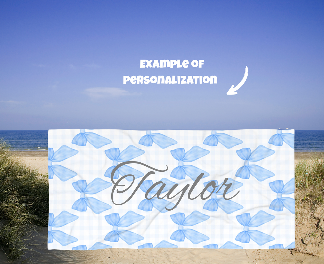 Customizable: Blue Bow Beach Towel | Stylish Summer Accessory, Poolside Fun, Vacation Essential, Gift for Her