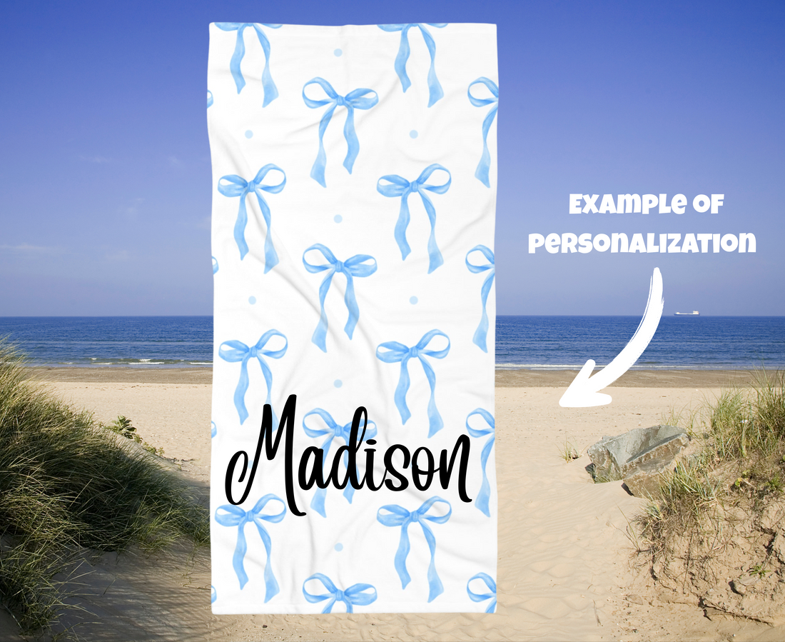 Customizable: Beach Towel with Blue Ribbon Pattern, Summertime Essentials, Poolside Fun, Gift for Beach Lovers, Vacation Ready, Travel Companion