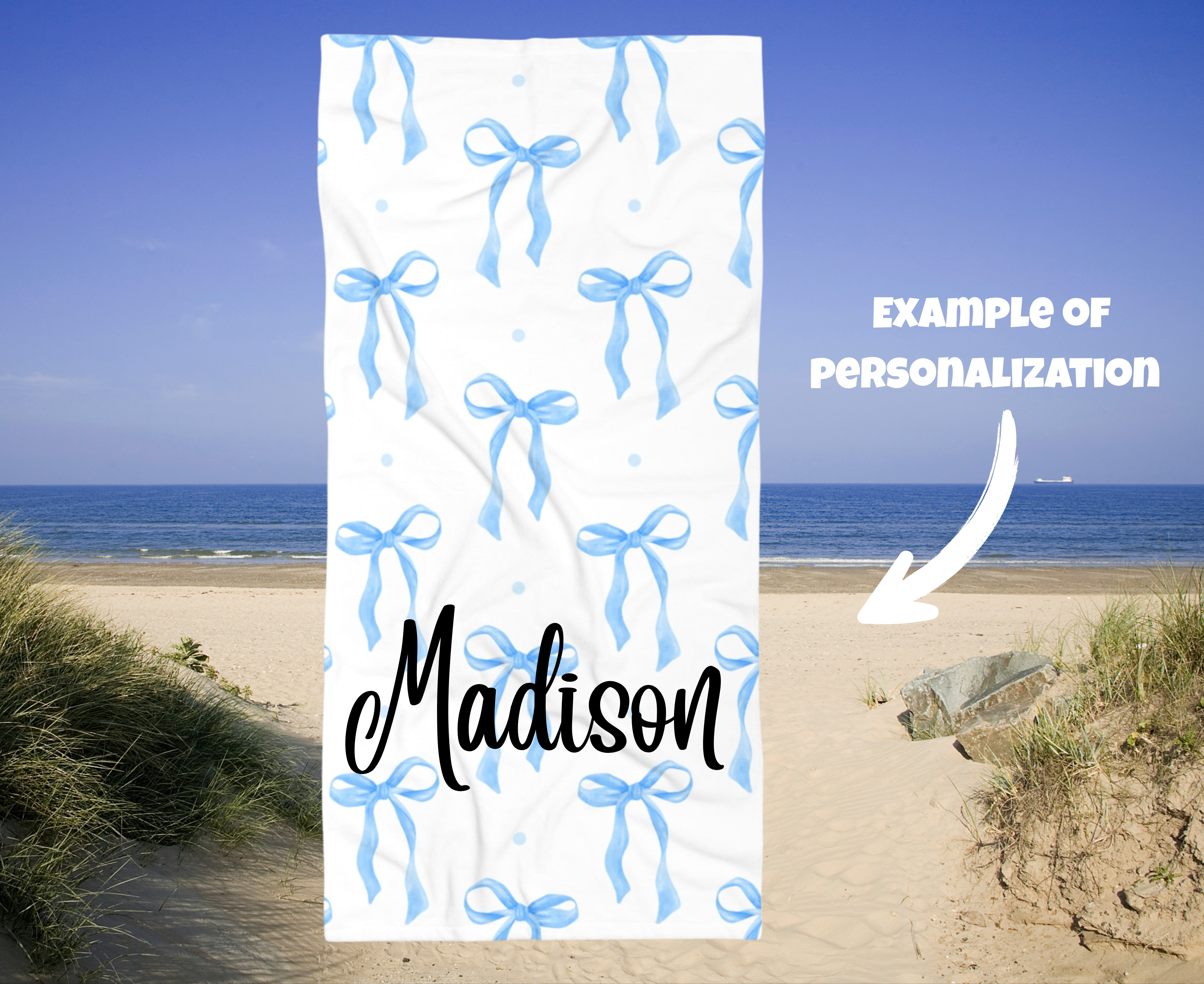 Customizable: Beach Towel with Blue Ribbon Pattern, Summertime Essentials, Poolside Fun, Gift for Beach Lovers, Vacation Ready, Travel Companion
