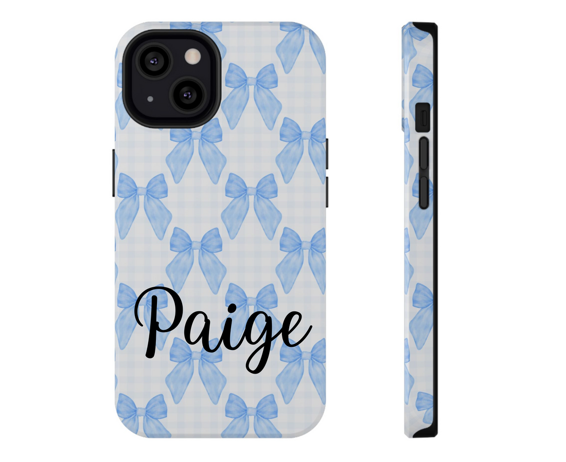 Phone case with blue bow pattern on a light background