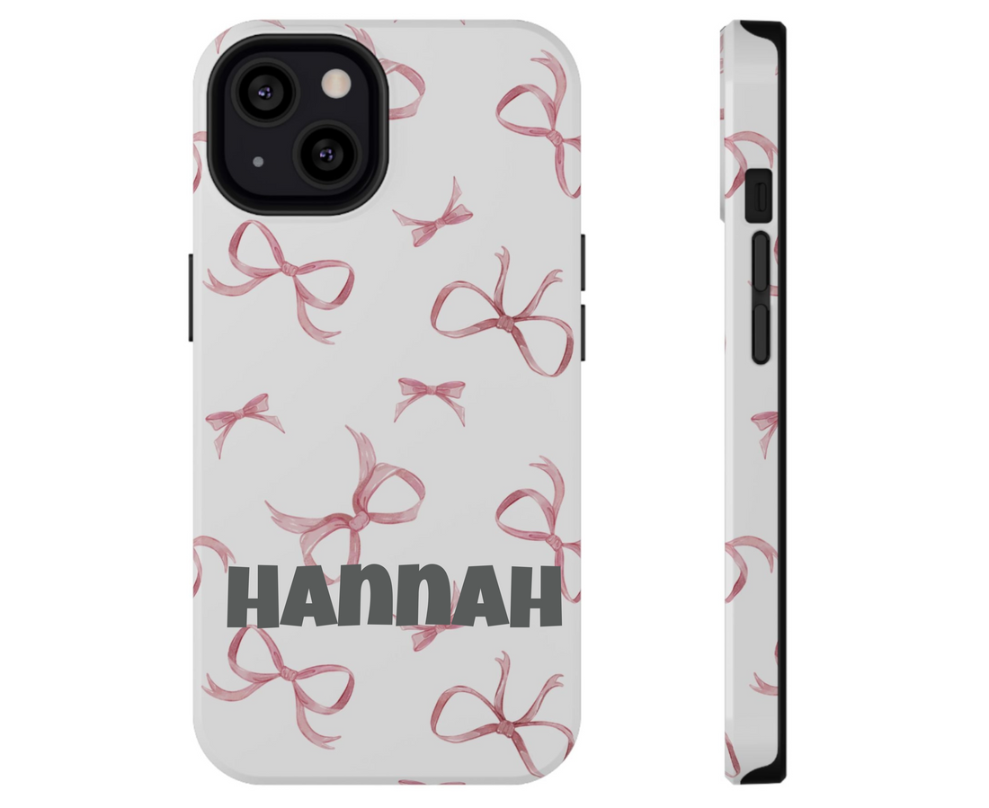 Phone case with pink bow pattern on a white background