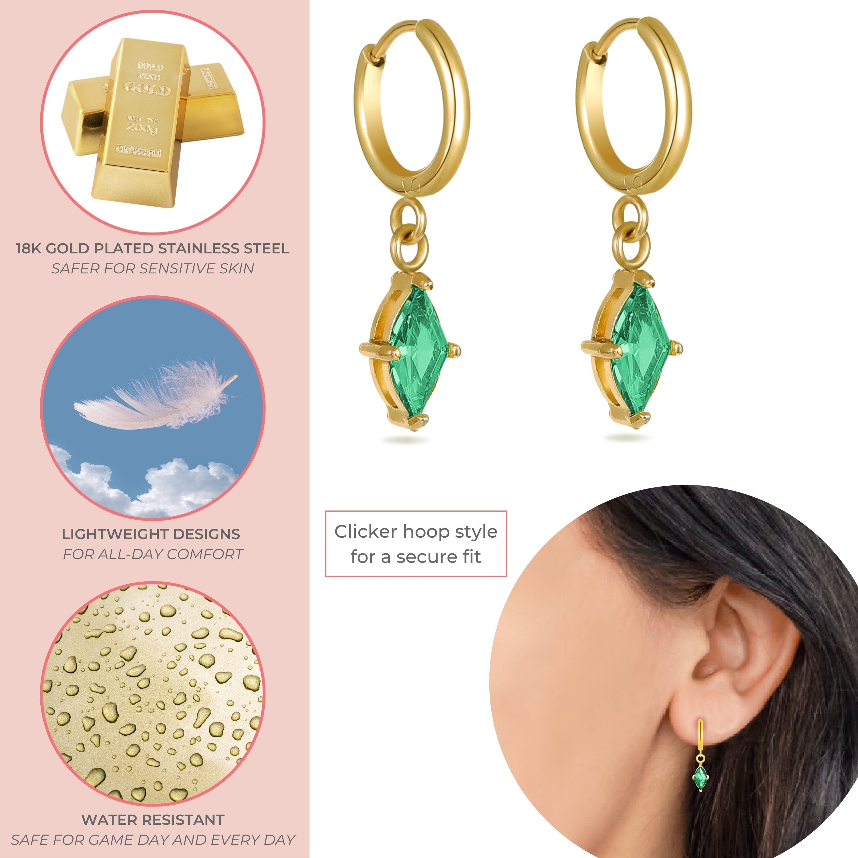 Green Crystal Huggie Hoops