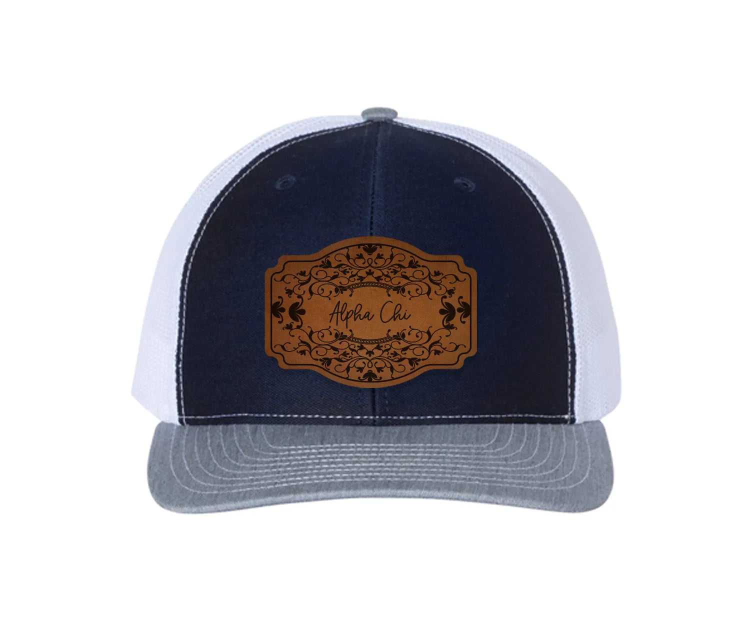 Alpha Chi Omega Richardson 112 Leatherette Patch Trucker Hat - Scroll