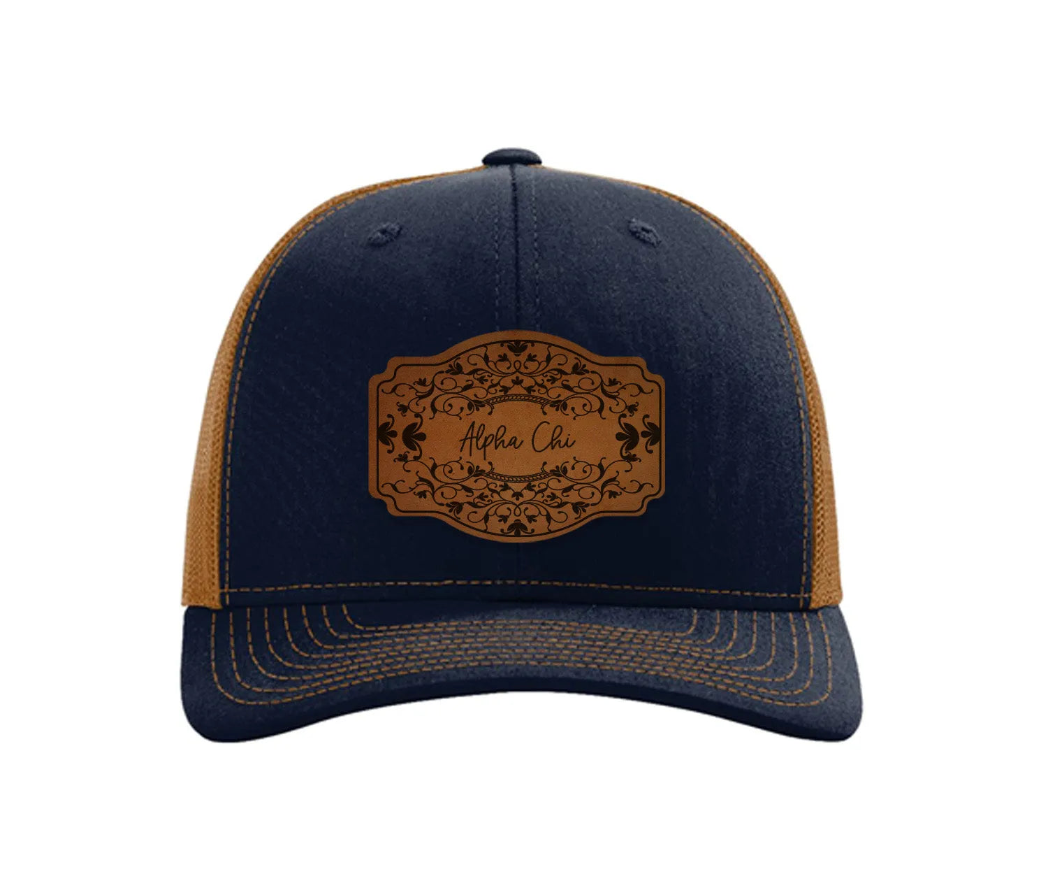 Alpha Chi Omega Richardson 112 Leatherette Patch Trucker Hat - Scroll