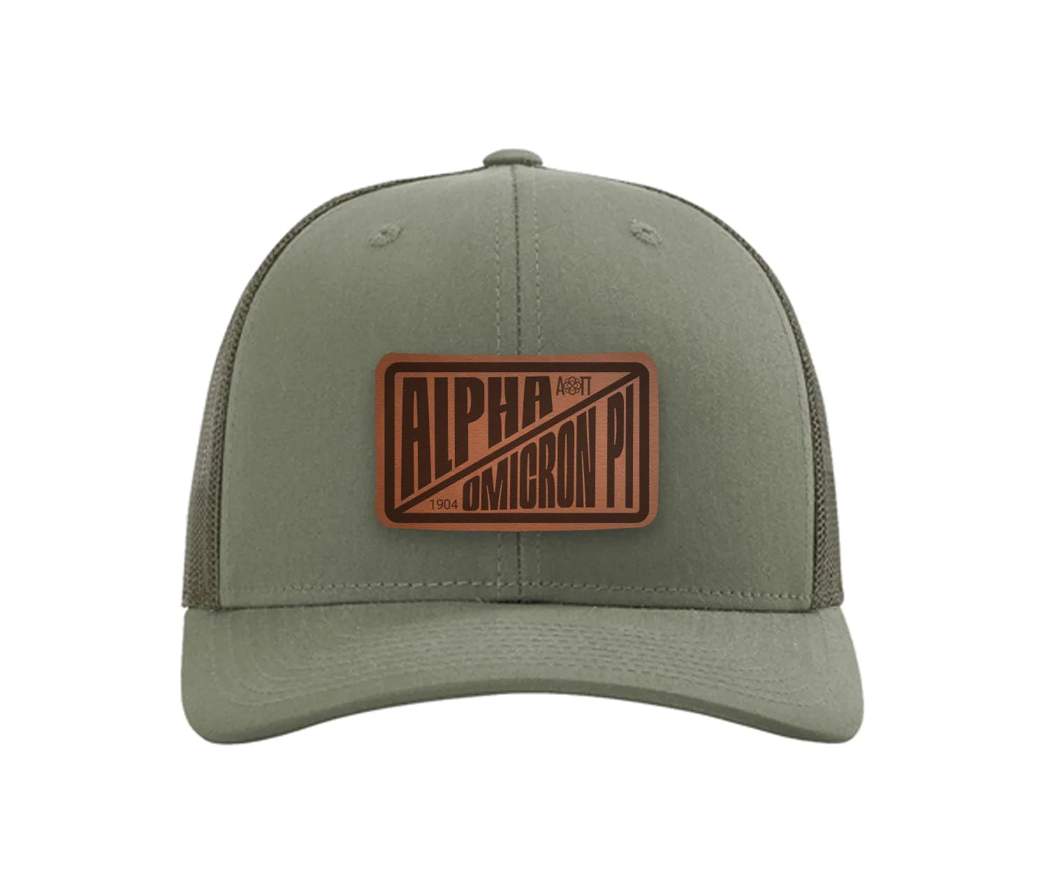 Alpha Omicron Pi Richardson 112 Leatherette Patch Trucker Hat - Divide