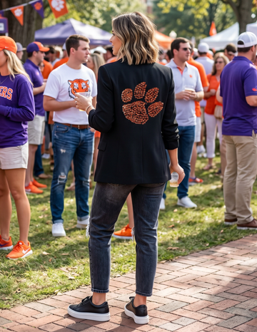 Clemson Orange Paw Black Ruched Sleeve Blazer