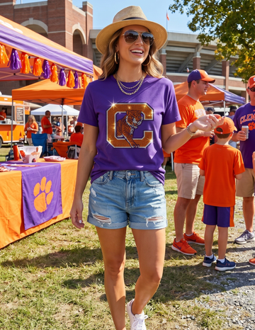 Clemson University C Tiger Purple Crewneck Short Sleeve T-Shirt