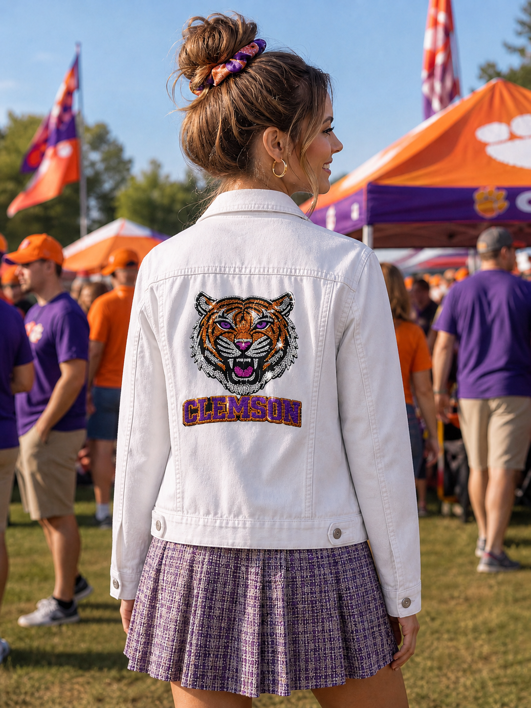 Clemson University Fierce Tiger Face Clemson White Denim Jacket