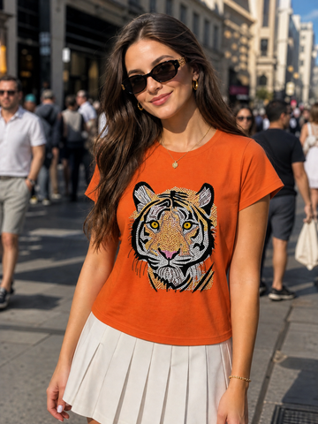 Tiger Face Orange Crewneck Short Sleeve T-Shirt