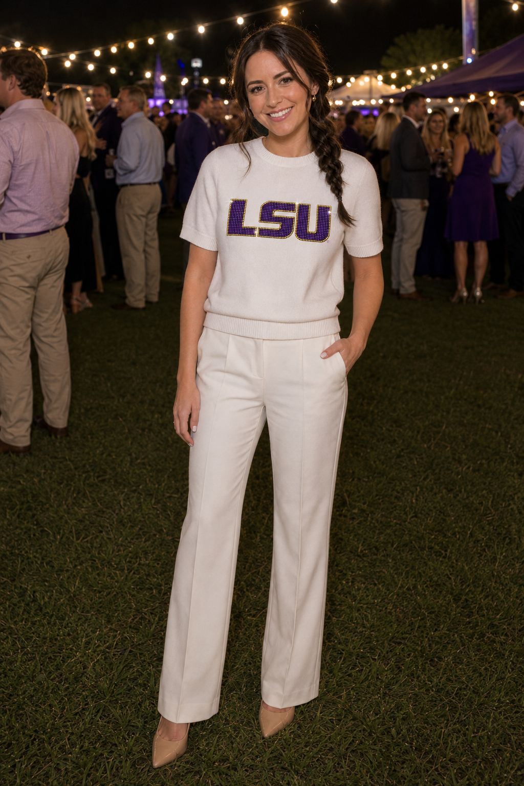 Louisiana State University Crystal Block Letters Ivory Short Sleeve Sweater