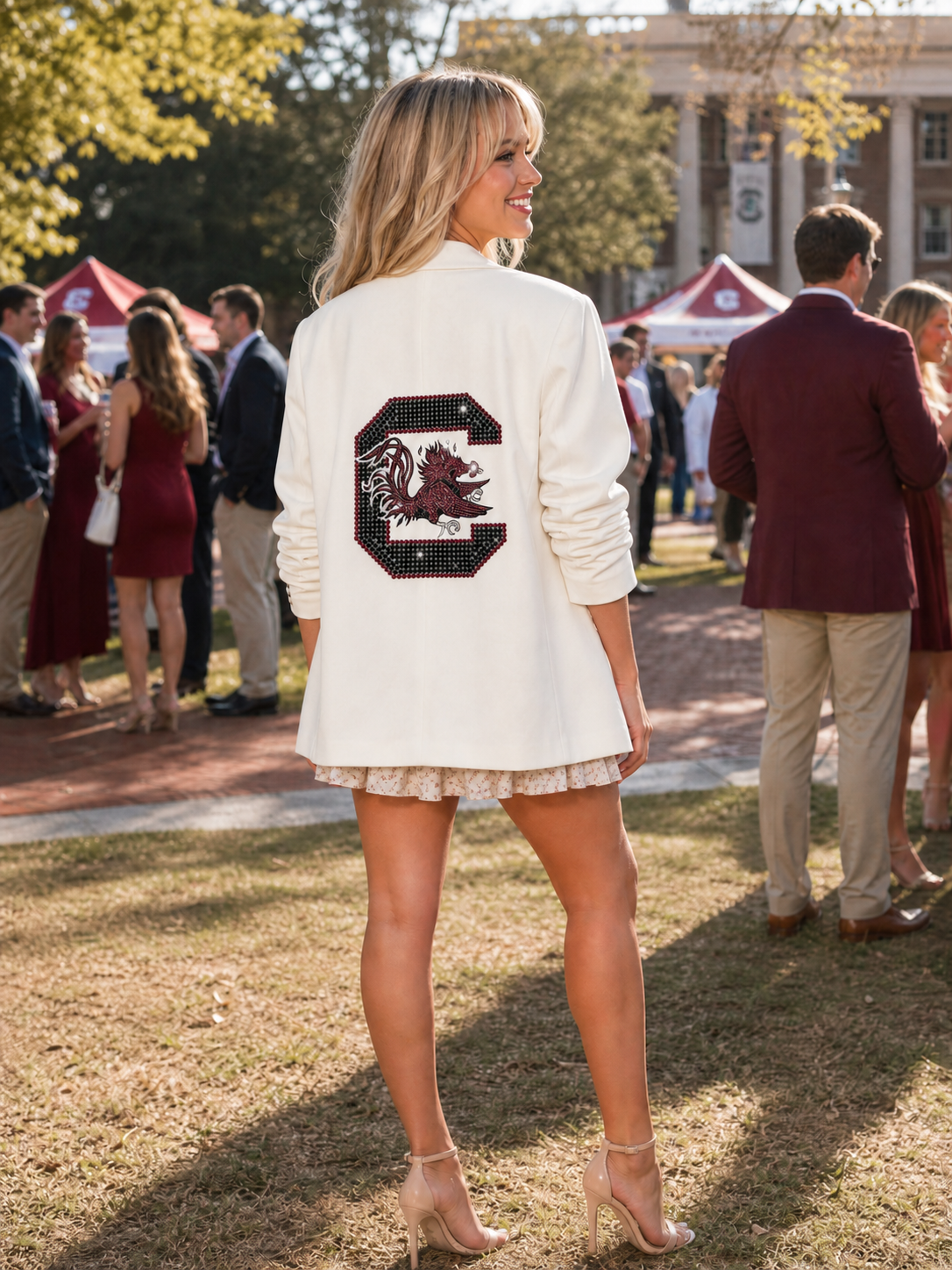 University of South Carolina Gamecock C White Ruched Sleeve Blazer