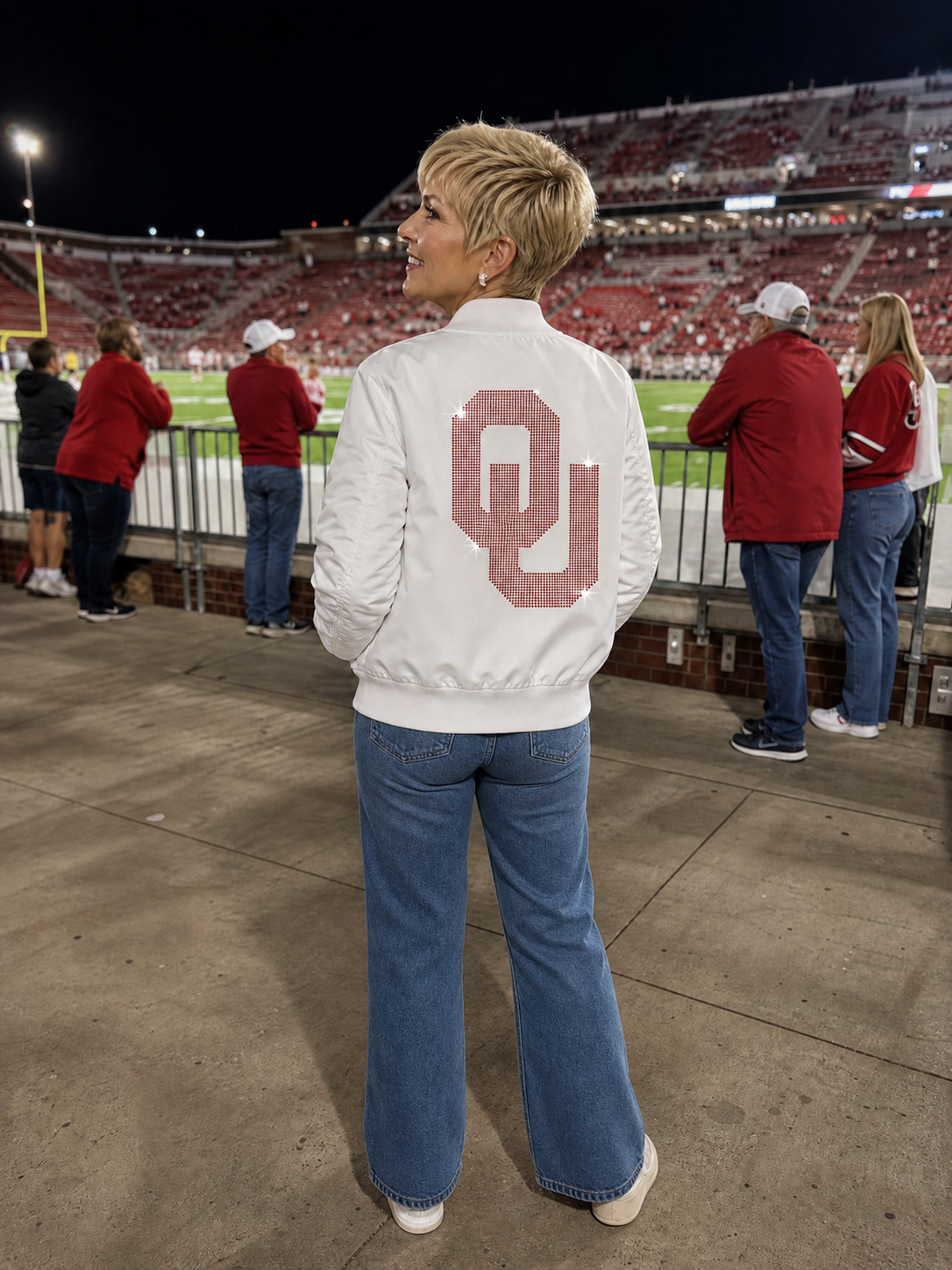 University of Oklahoma Interlocking OU White Bomber Jacket