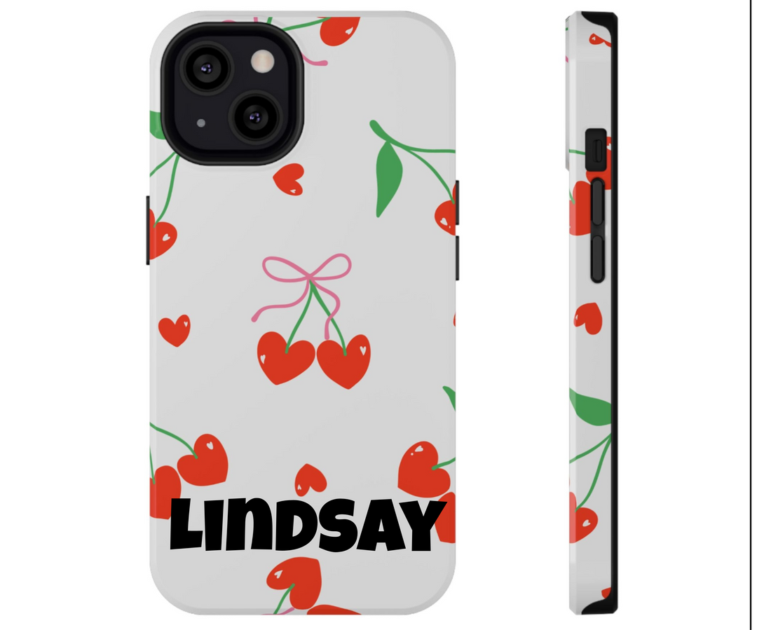 Phone case with cherry pattern on a white background