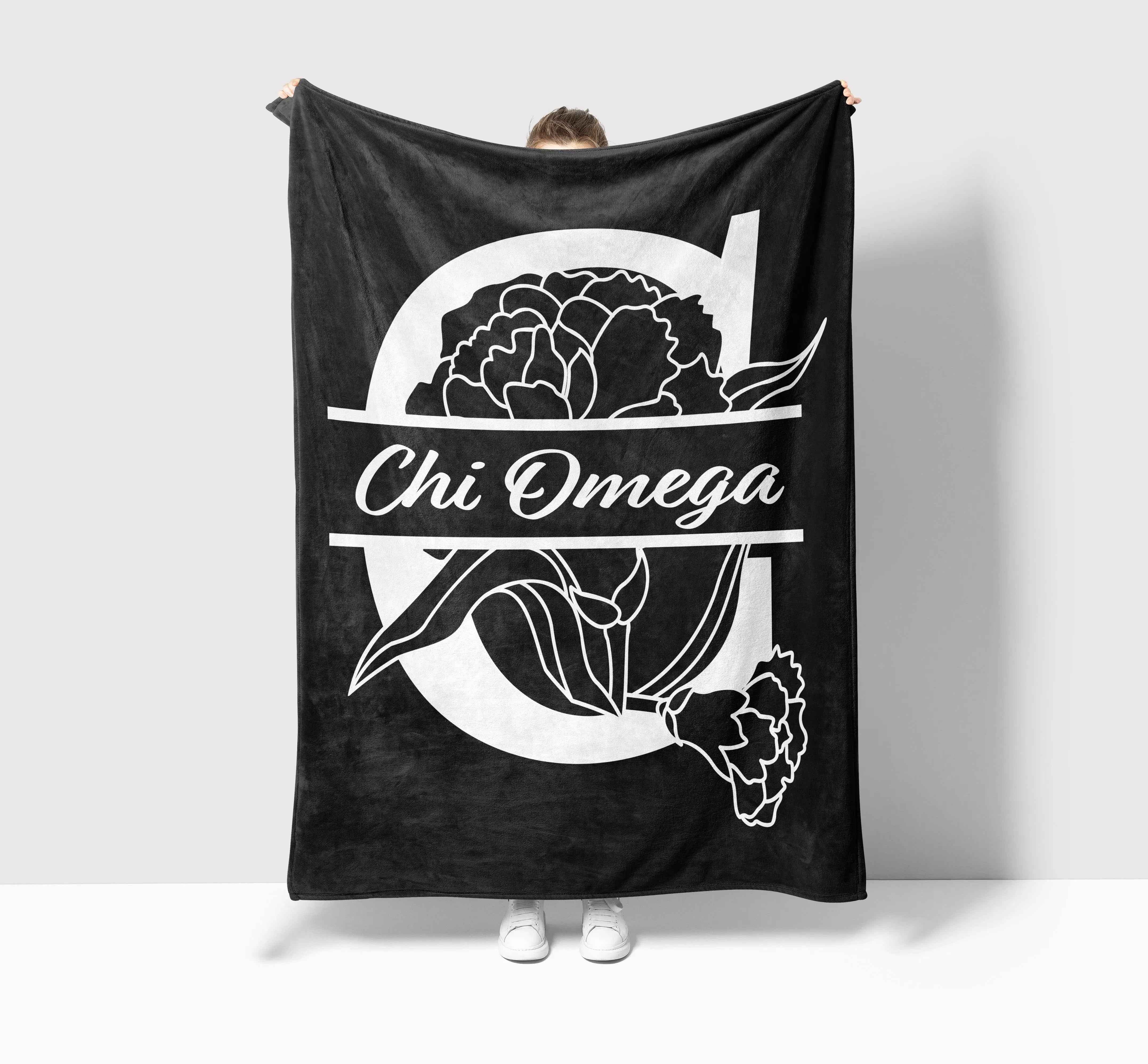 Chi Omega XL 60x80 Sherpa Throw Blanket - Carnation Monogram