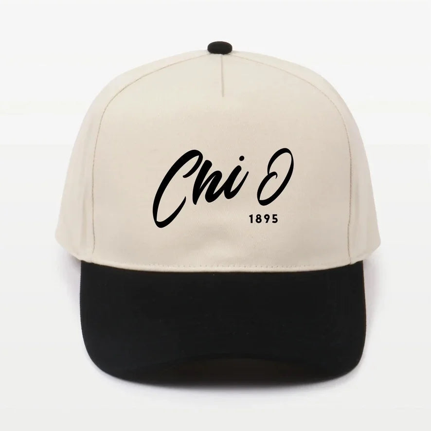 Chi O Embroidered Two-Tone Baseball Cap | Hat - Script 1895