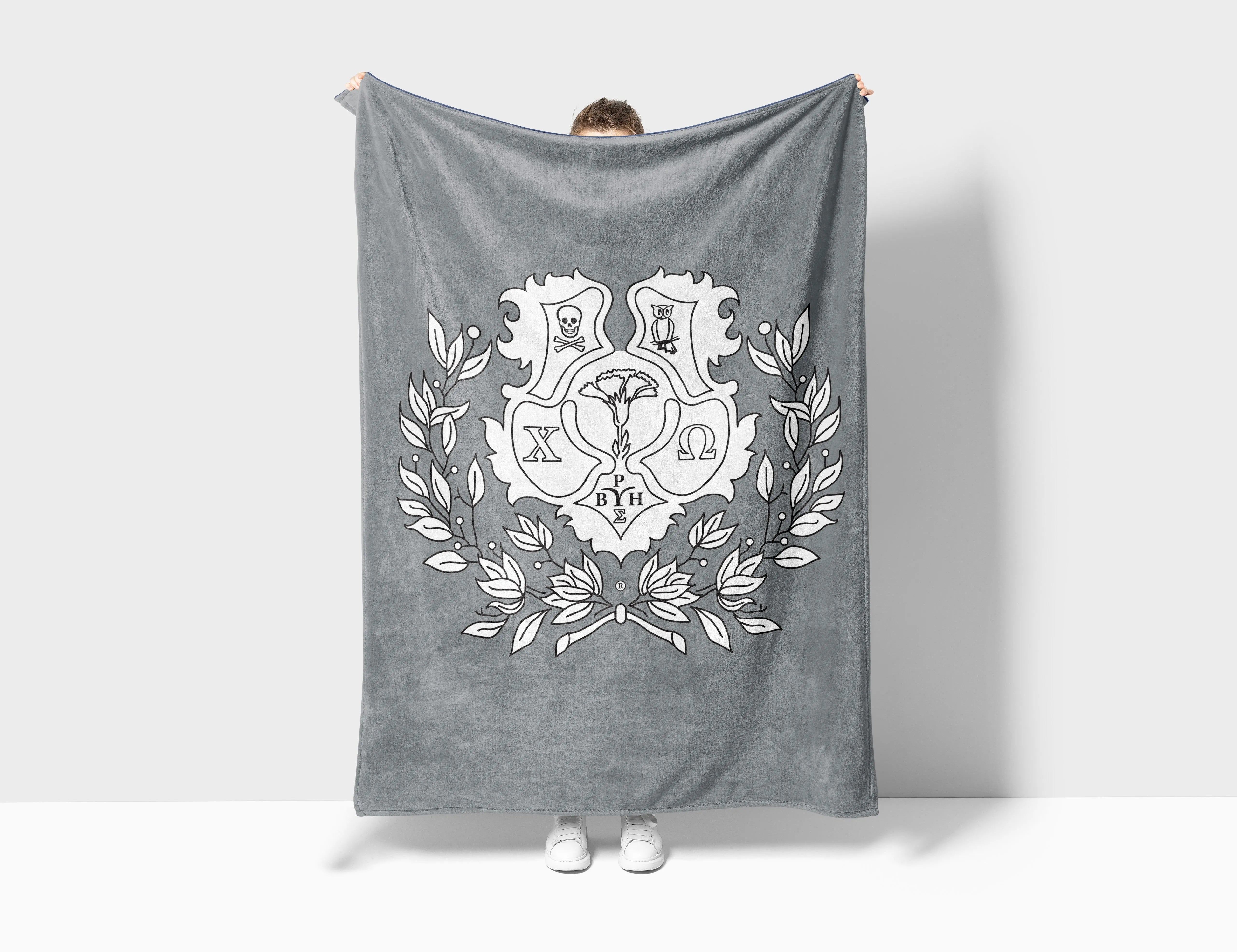 Chi Omega XL 60x80 Sherpa Blanket - Gray Coat of Arms