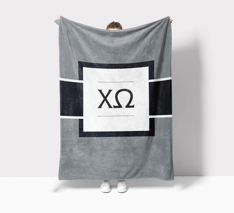 Chi Omega XL 60x80 Sherpa Throw Blanket - Gray Greek Letters