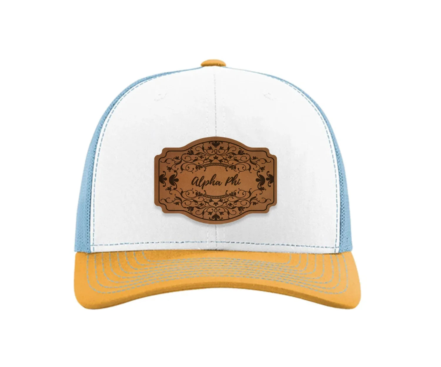 Alpha Phi Richardson 112 Leatherette Patch Trucker Hat - Scroll