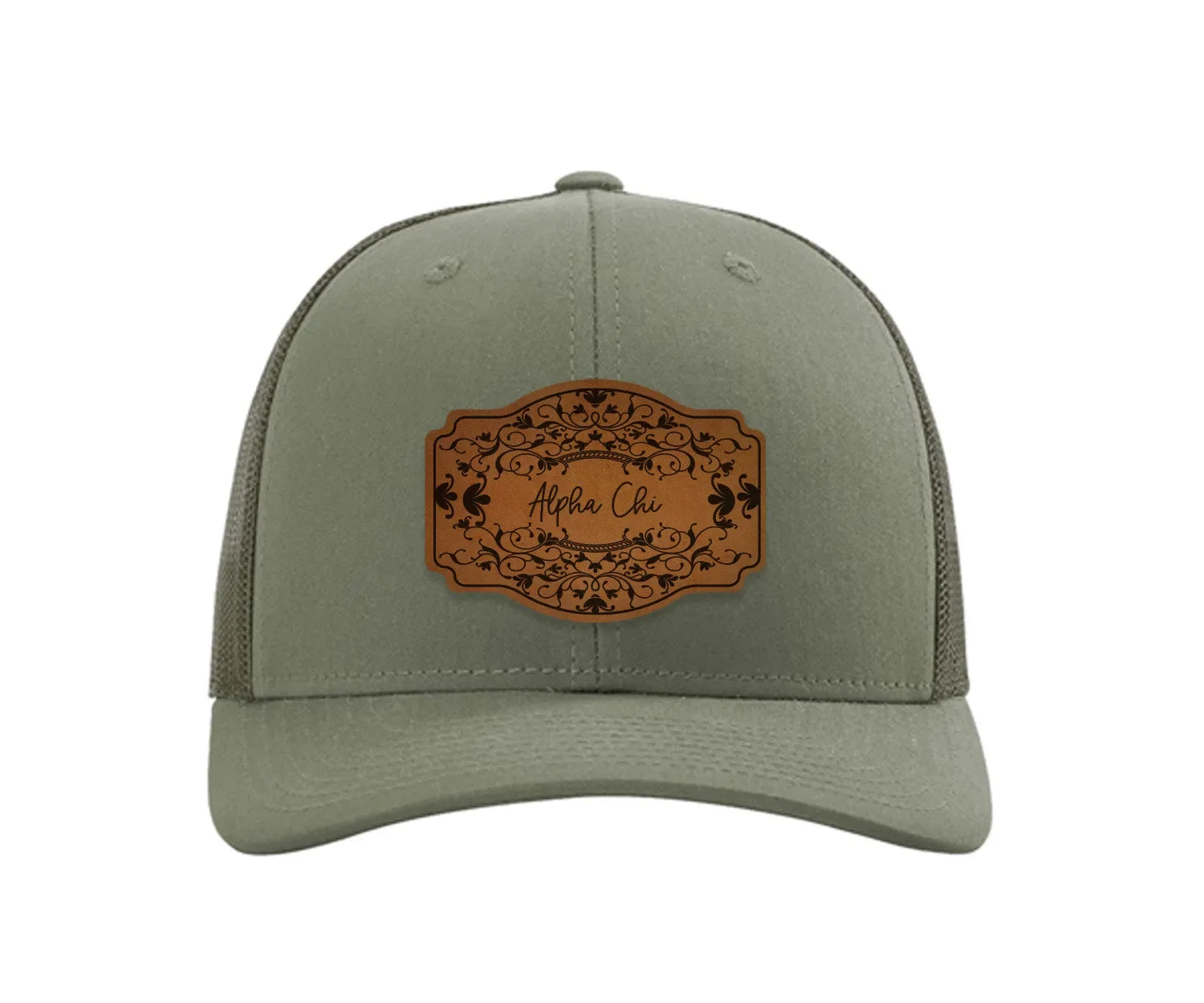 Alpha Chi Omega Richardson 112 Leatherette Patch Trucker Hat - Scroll