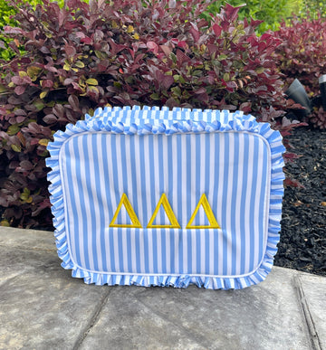 Tri Delta Blue Stripe Ruffle Cosmetic Bag