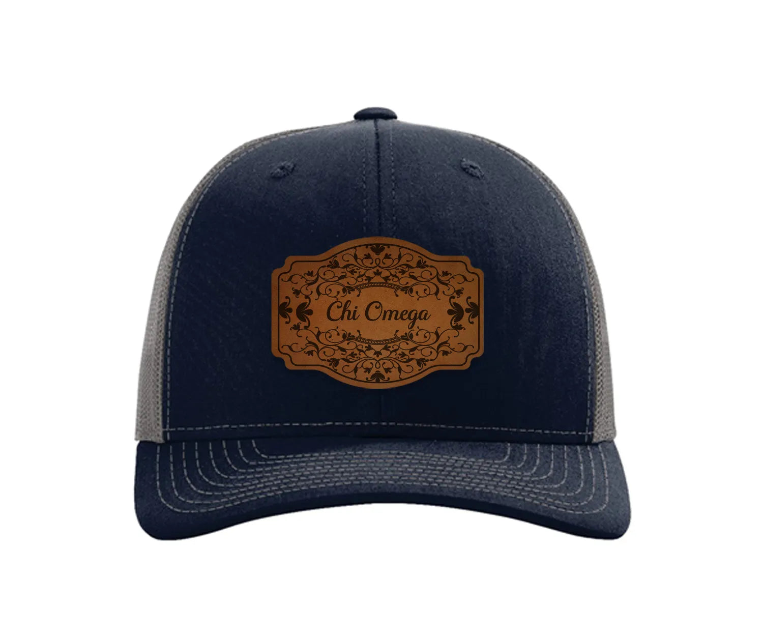 Chi Omega Richardson 112 Leatherette Patch Trucker Hat - Scroll