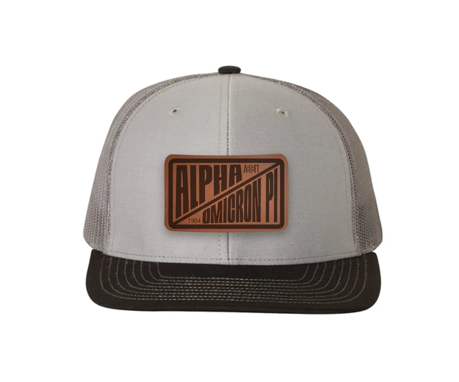 Alpha Omicron Pi Richardson 112 Leatherette Patch Trucker Hat - Divide