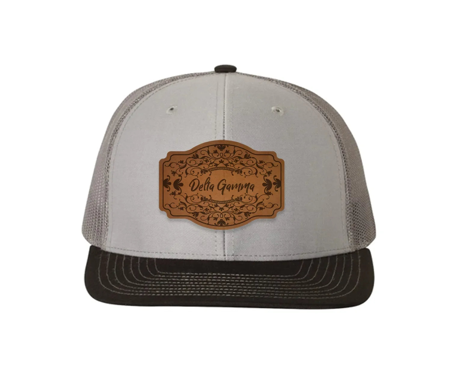 Delta Gamma Richardson 112 Leatherette Patch Trucker Hat - Scroll