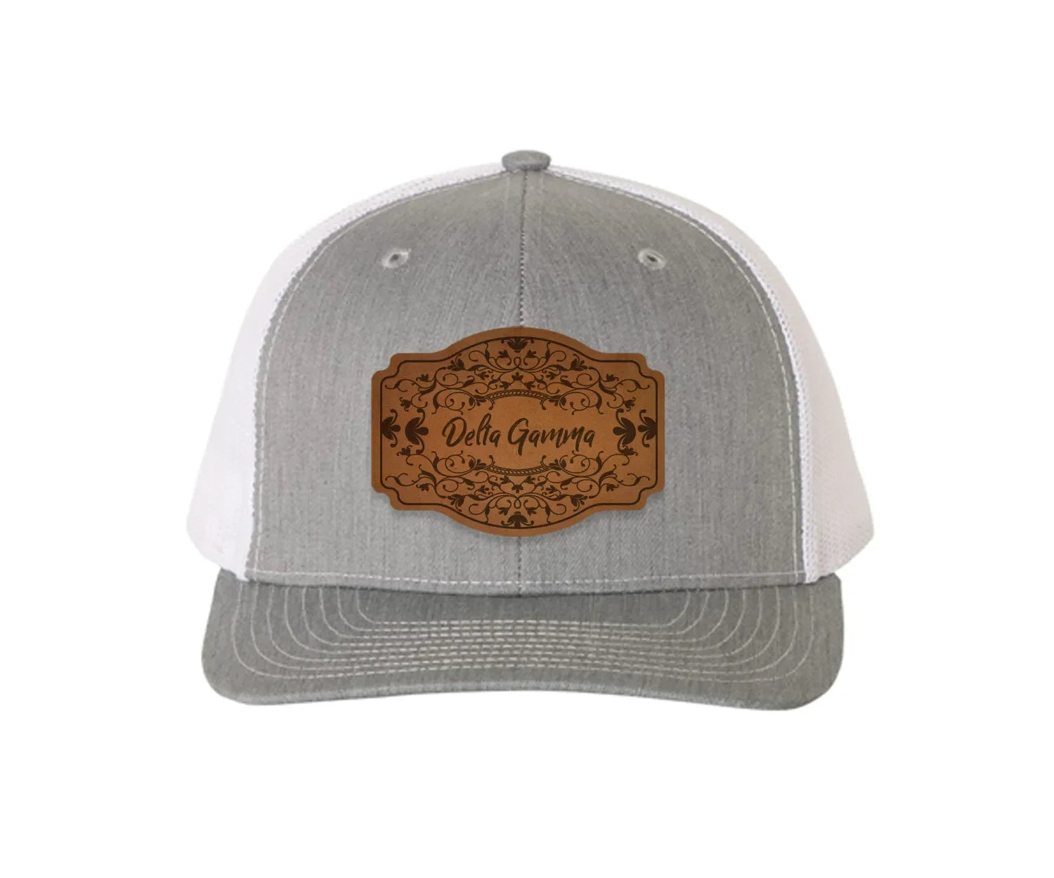 Delta Gamma Richardson 112 Leatherette Patch Trucker Hat - Scroll