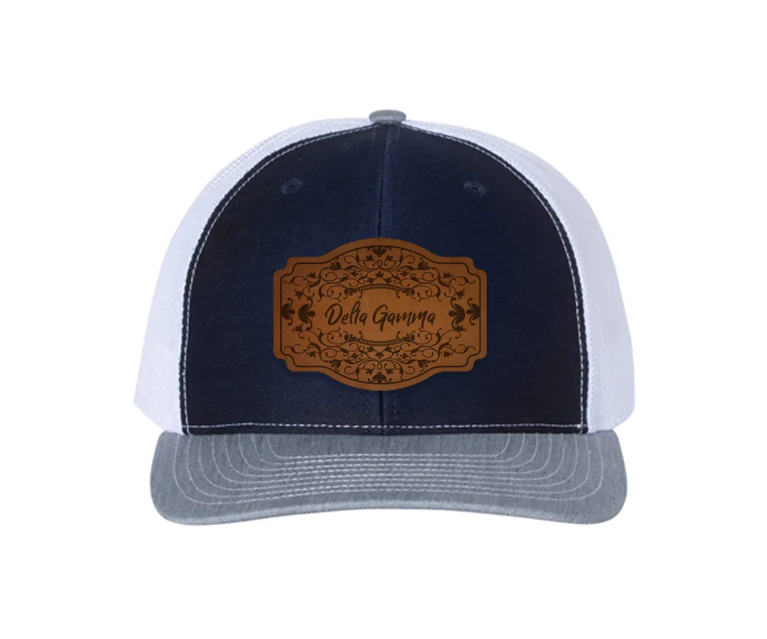 Delta Gamma Richardson 112 Leatherette Patch Trucker Hat - Scroll