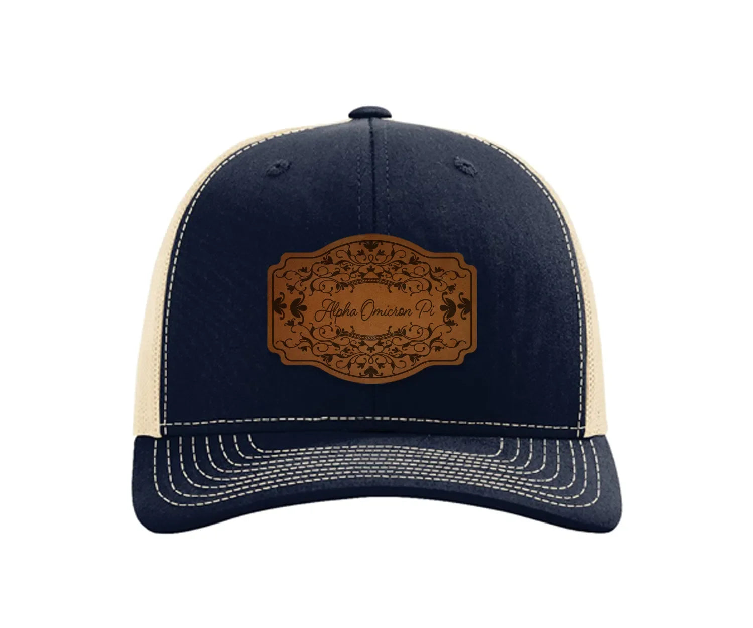 Alpha Omicron Pi Richardson 112 Leatherette Patch Trucker Hat - Scroll