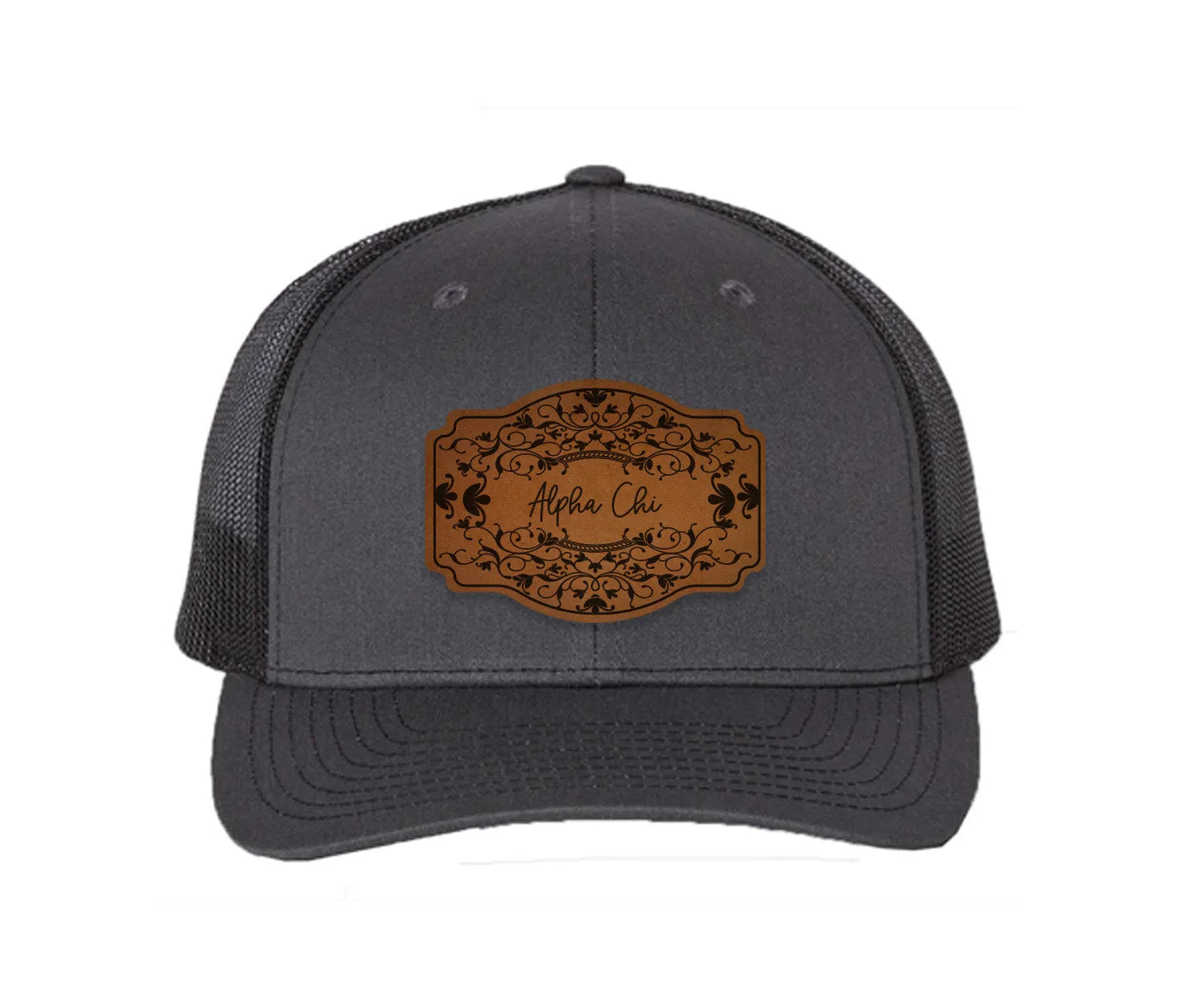 Alpha Chi Omega Richardson 112 Leatherette Patch Trucker Hat - Scroll