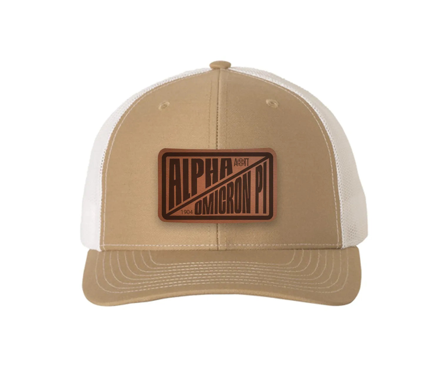 Alpha Omicron Pi Richardson 112 Leatherette Patch Trucker Hat - Divide