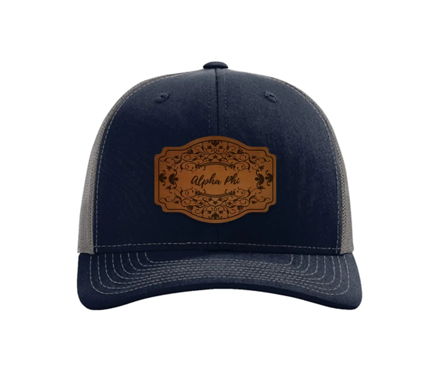 Alpha Phi Richardson 112 Leatherette Patch Trucker Hat - Scroll