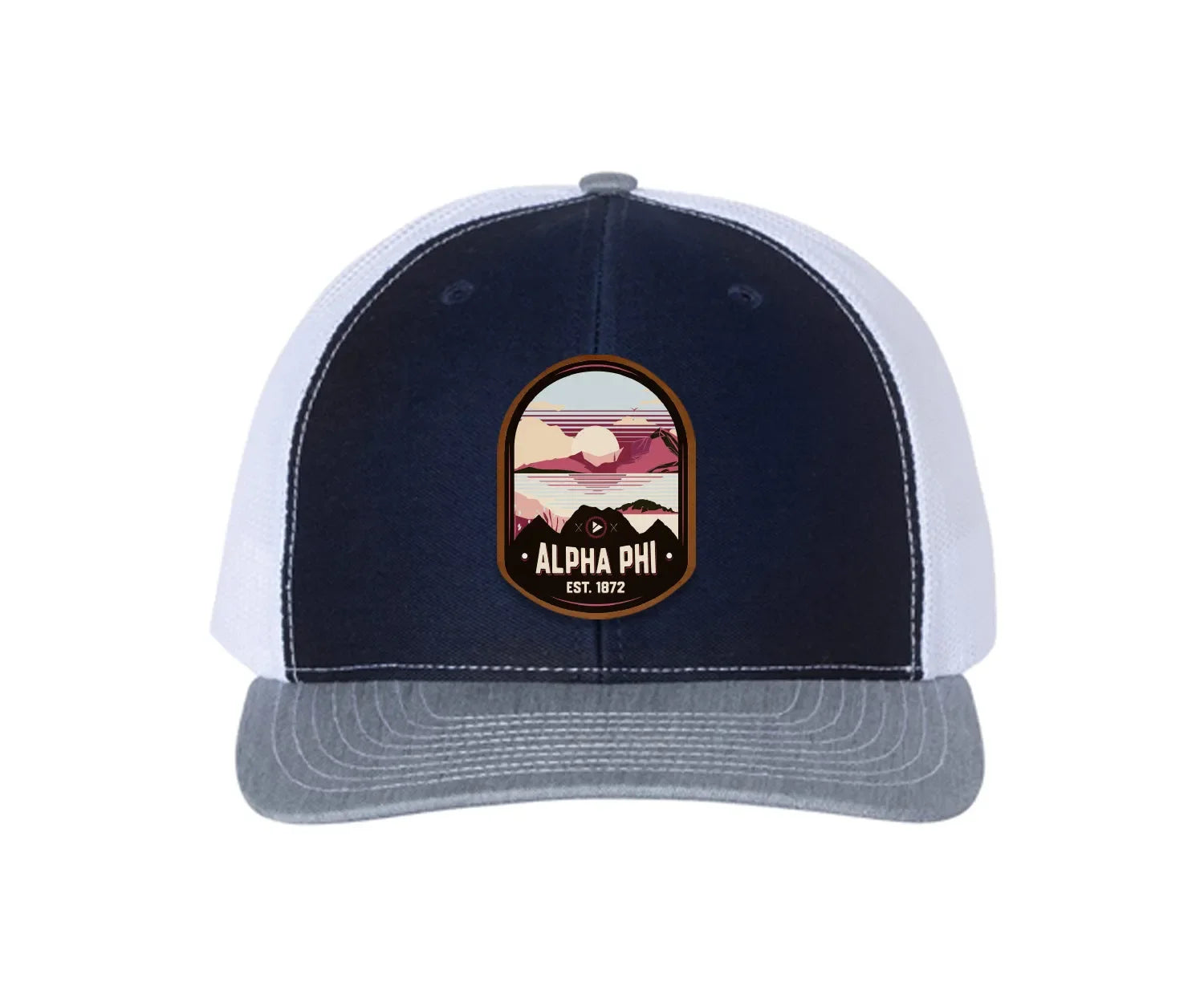 Alpha Phi Richardson 112 UV Print Leatherette Patch Trucker Hat - Ventura