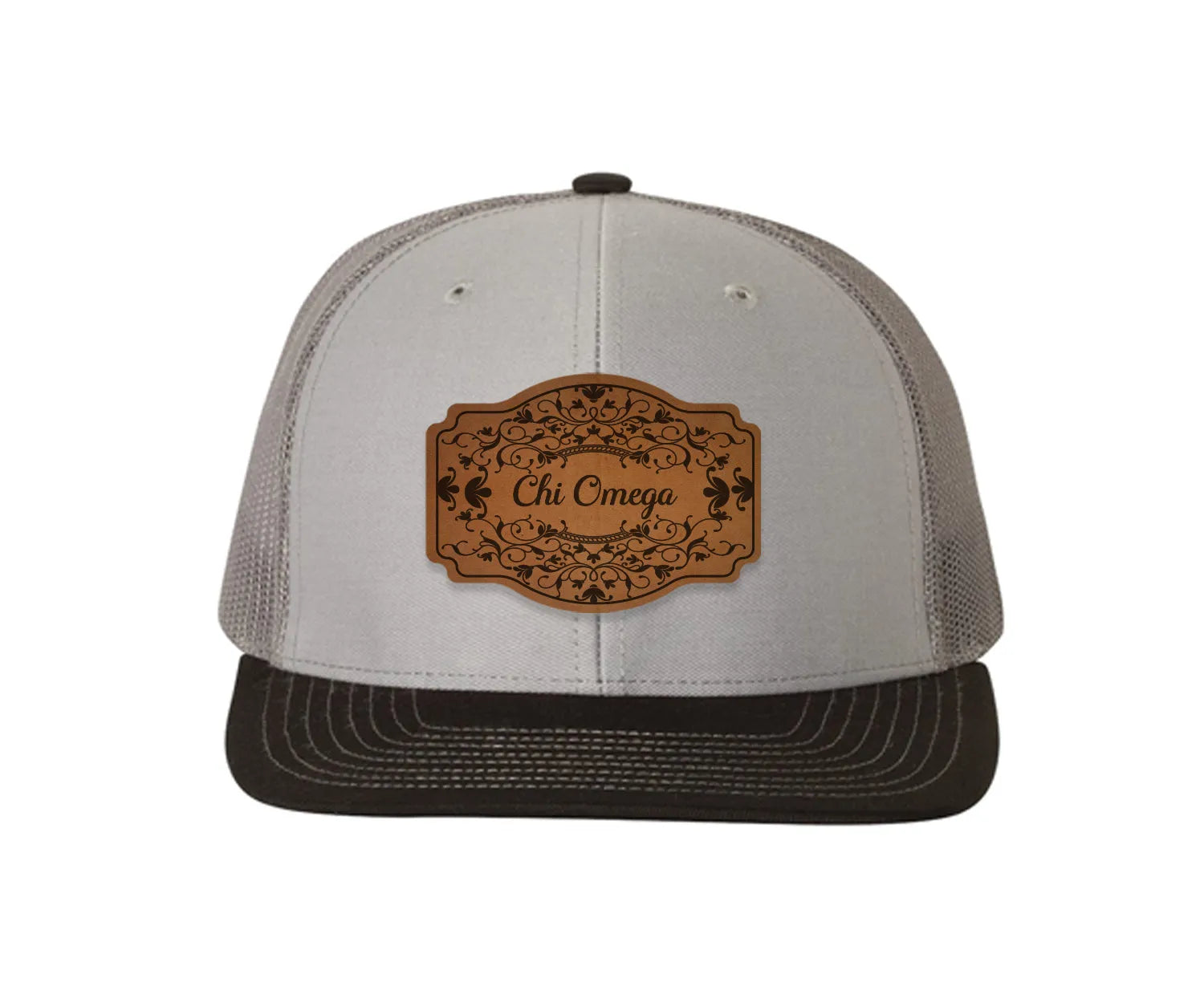 Chi Omega Richardson 112 Leatherette Patch Trucker Hat - Scroll
