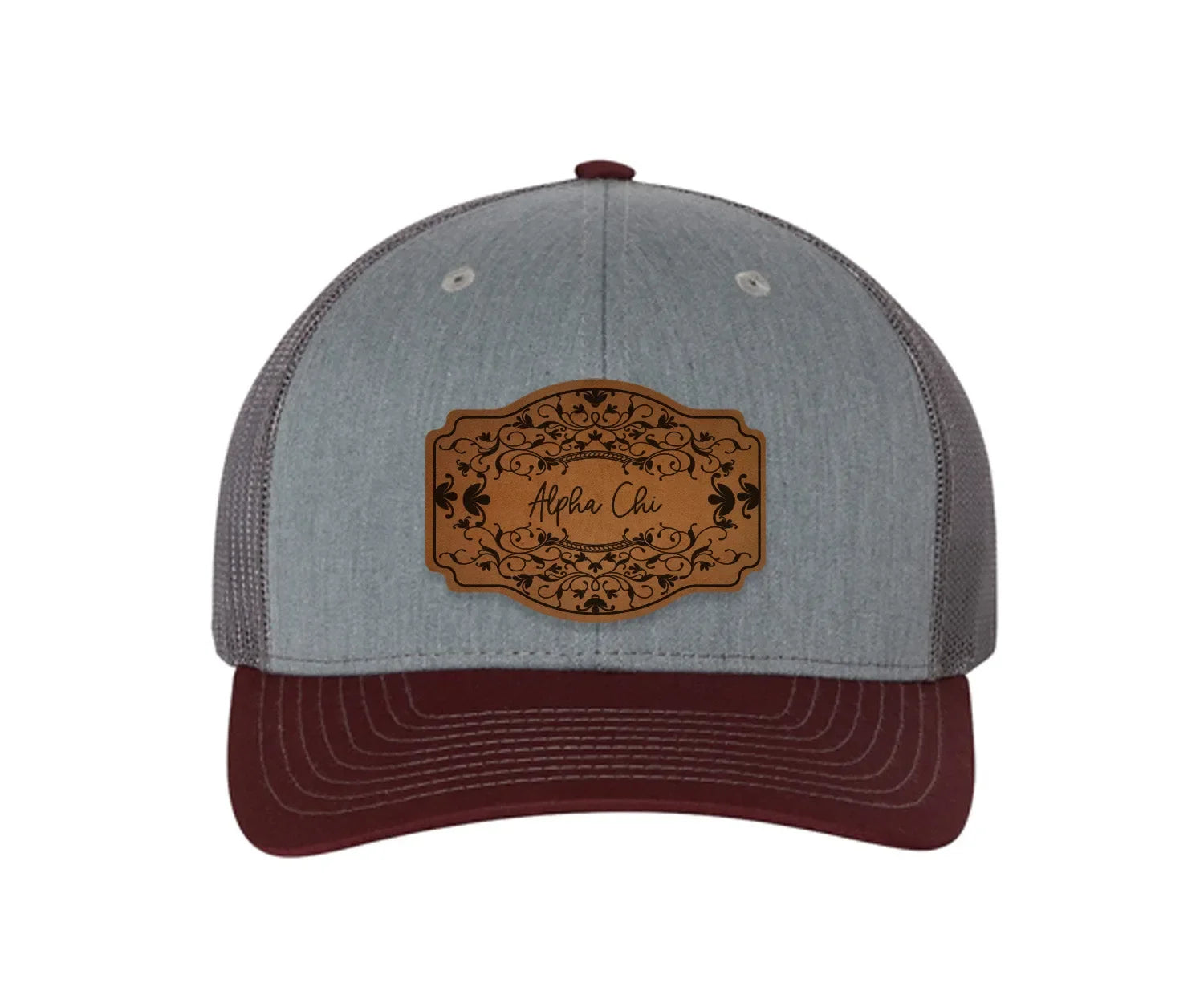 Alpha Chi Omega Richardson 112 Leatherette Patch Trucker Hat - Scroll
